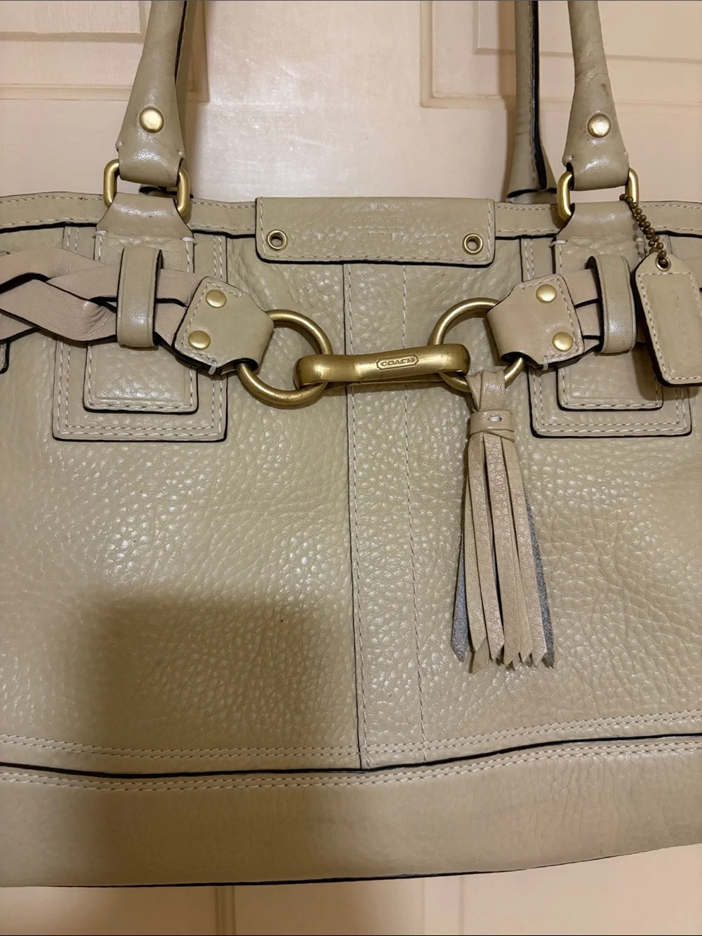 Coach Cream Leather Shoulder Tote with Braided Trim and Tassel